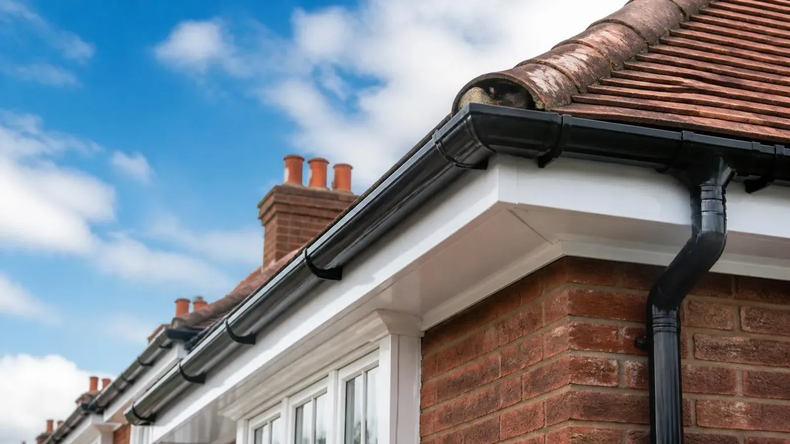 Clean, clear black guttering along the eaves of a red-brick South East London house