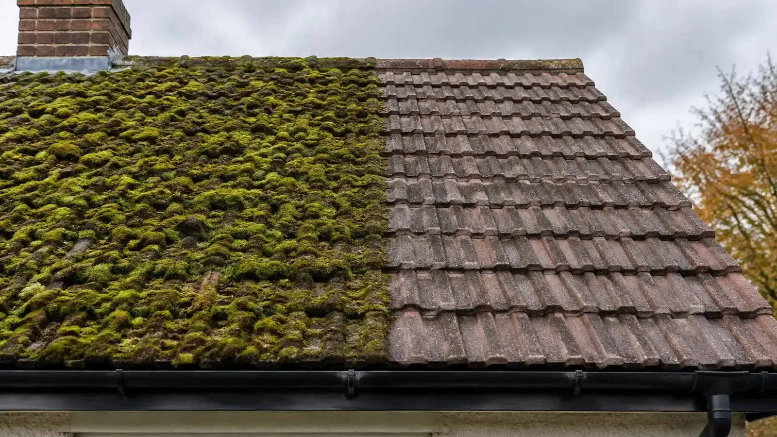 Roof tiles on a British house, half covered in green moss and half clean after moss removal