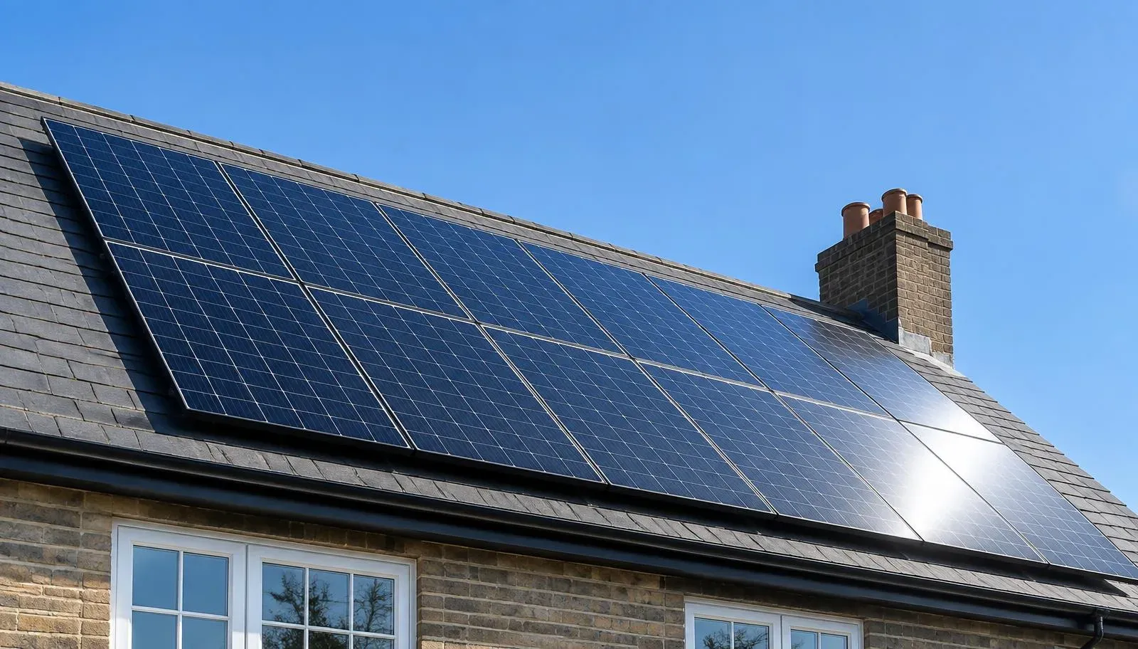 Clean solar panels on the pitched roof of a British house against a clear blue sky