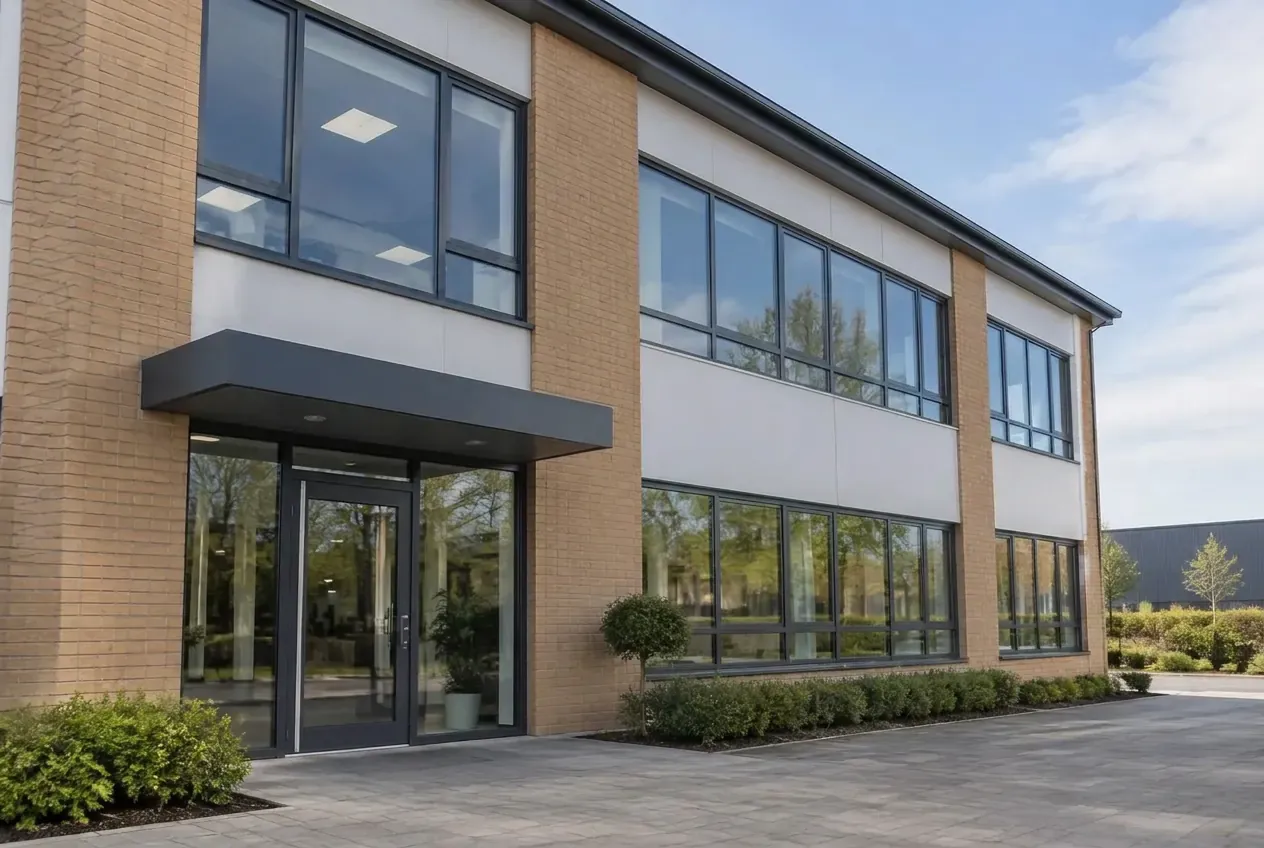 Two-storey commercial office building with broad windows and roofline gutters, without people or operators